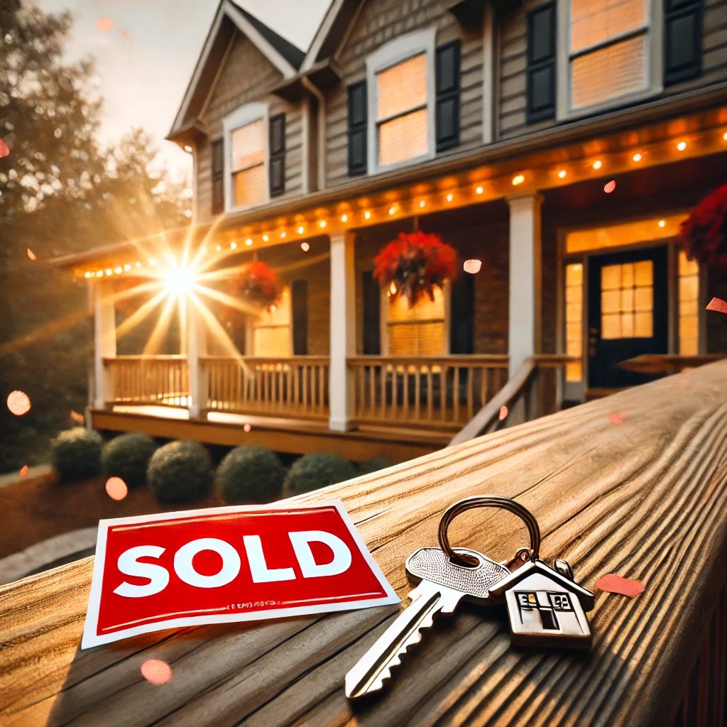 Sold home with house keys on the railing at sunset, symbolizing a completed real estate transaction and smooth closing